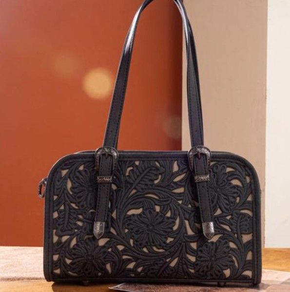 Black Tooled Satchel Bag