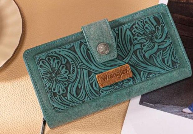 Teal Floral Tooled RFID Wallet