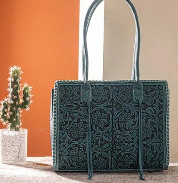 Turquoise Tooled Tote Bag