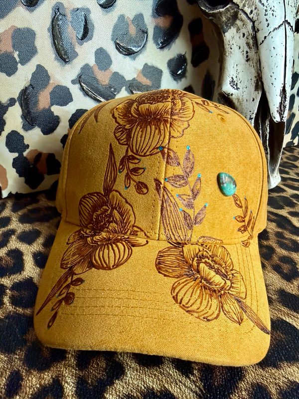 Mustard Suede Burned Floral Hat with Turquoise Accents 