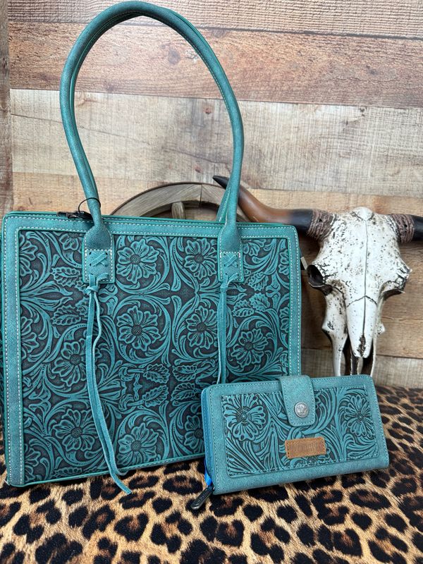 Turquoise Tooled Tote Bag
