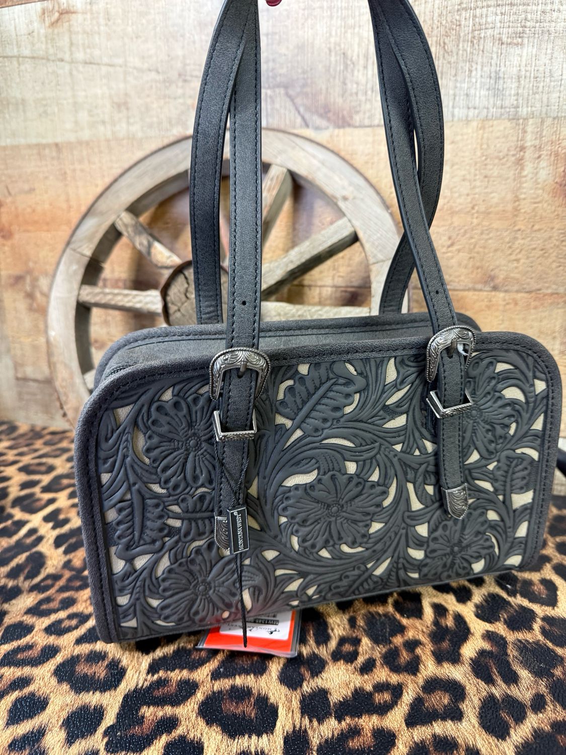 Black Tooled Satchel Bag