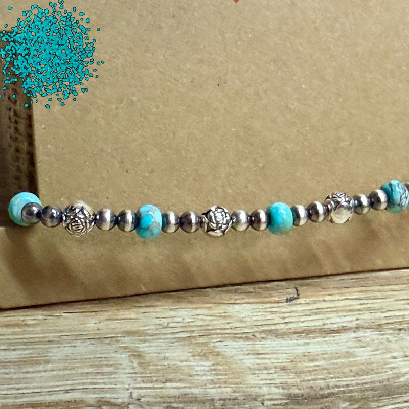 Sterling Rose Bead &amp; Turquoise Stretch Bracelet 