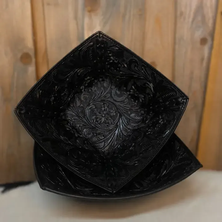 Tooled Leather Black Floral Bowl 