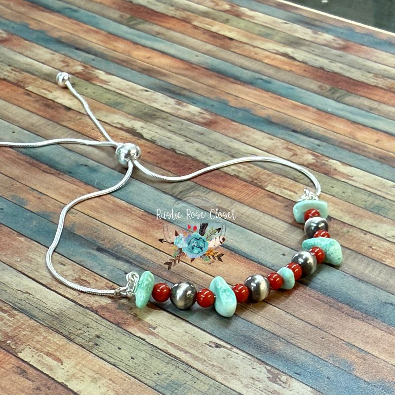 Turquoise Chunk, Coral &amp; Pearls Adjustable 