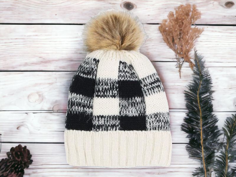 Natural Buffalo Plaid Pom Beanie