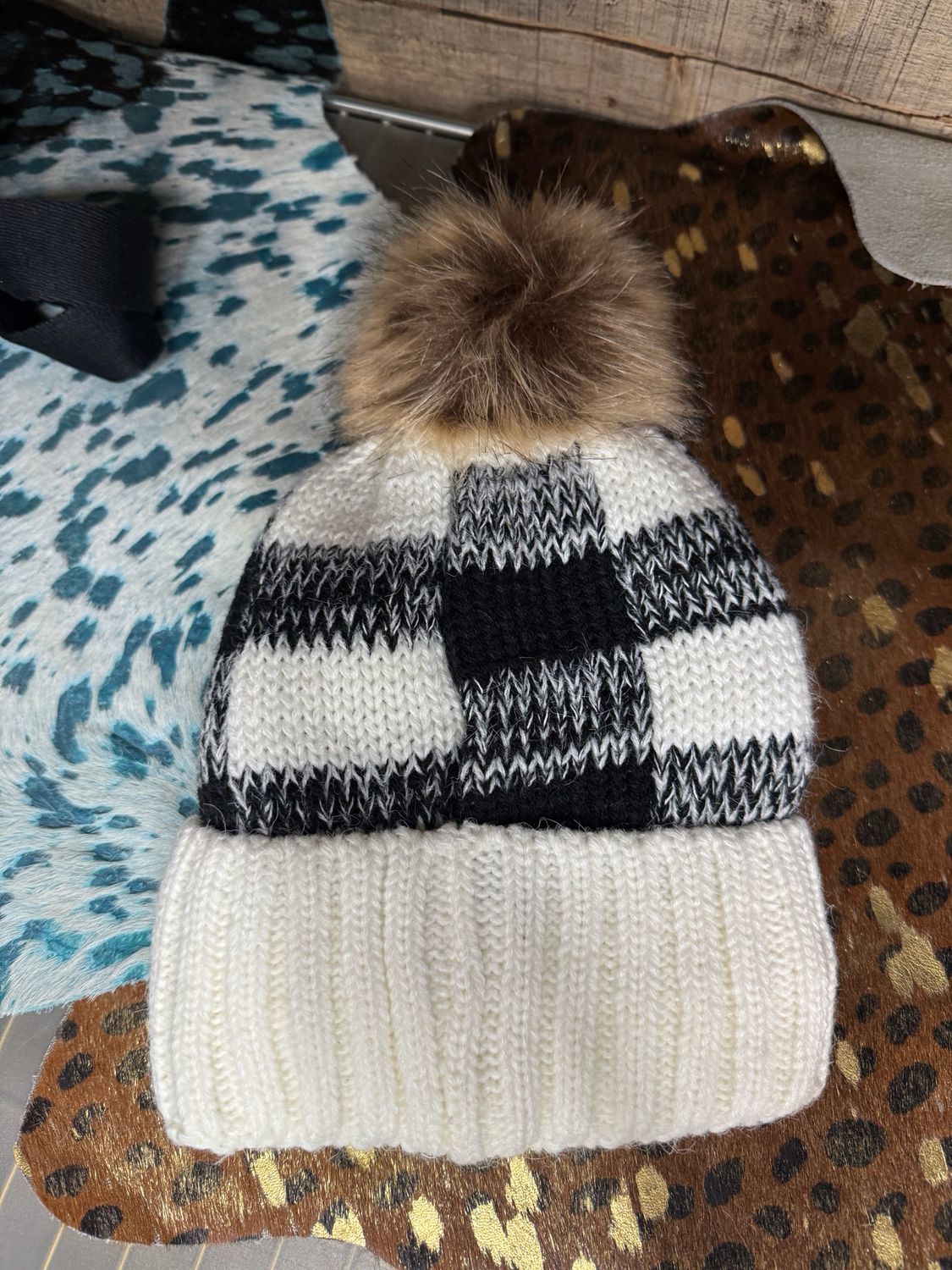 Natural Buffalo Plaid Pom Beanie