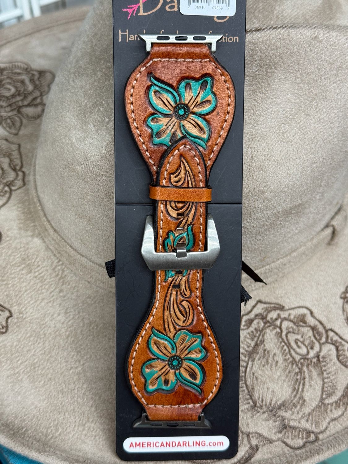 38-41 Genuine Leather Teal Flower Watchband