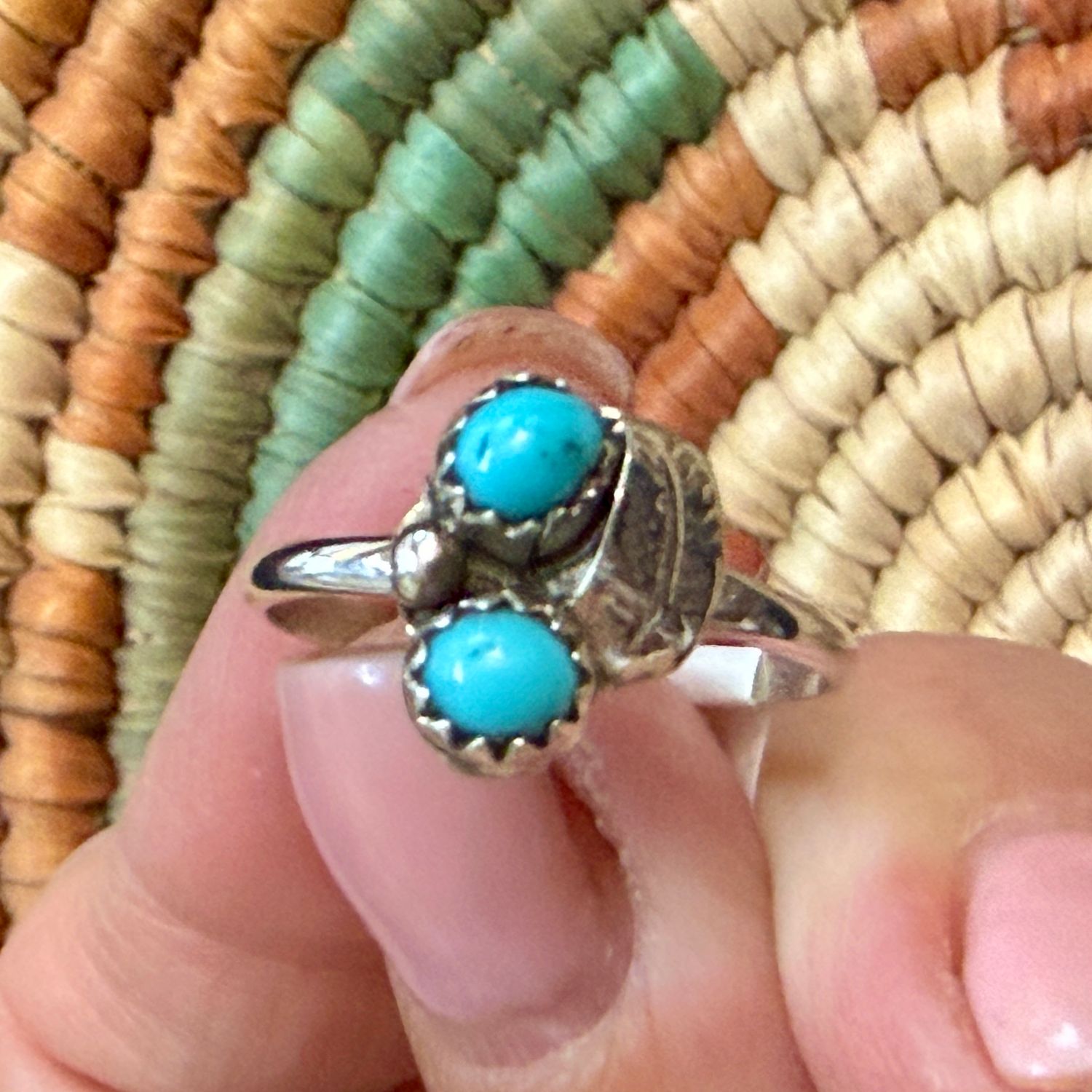 Two Stone Turquoise Ring with Leaf