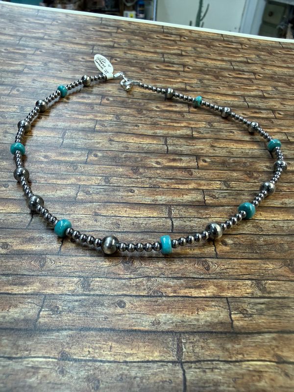 16” 3mm Sterling Pearl &amp; Turquoise with 6mm Accent Pearls