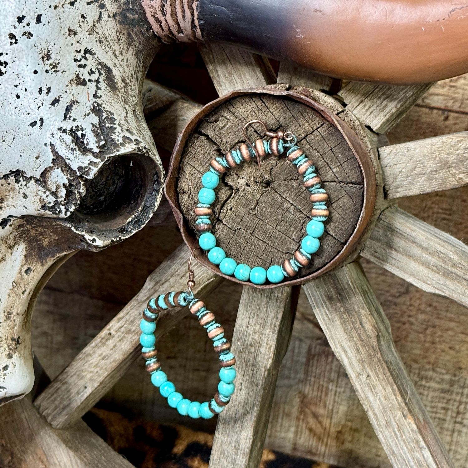 Copper Pearl Turquoise Hoop Earrings