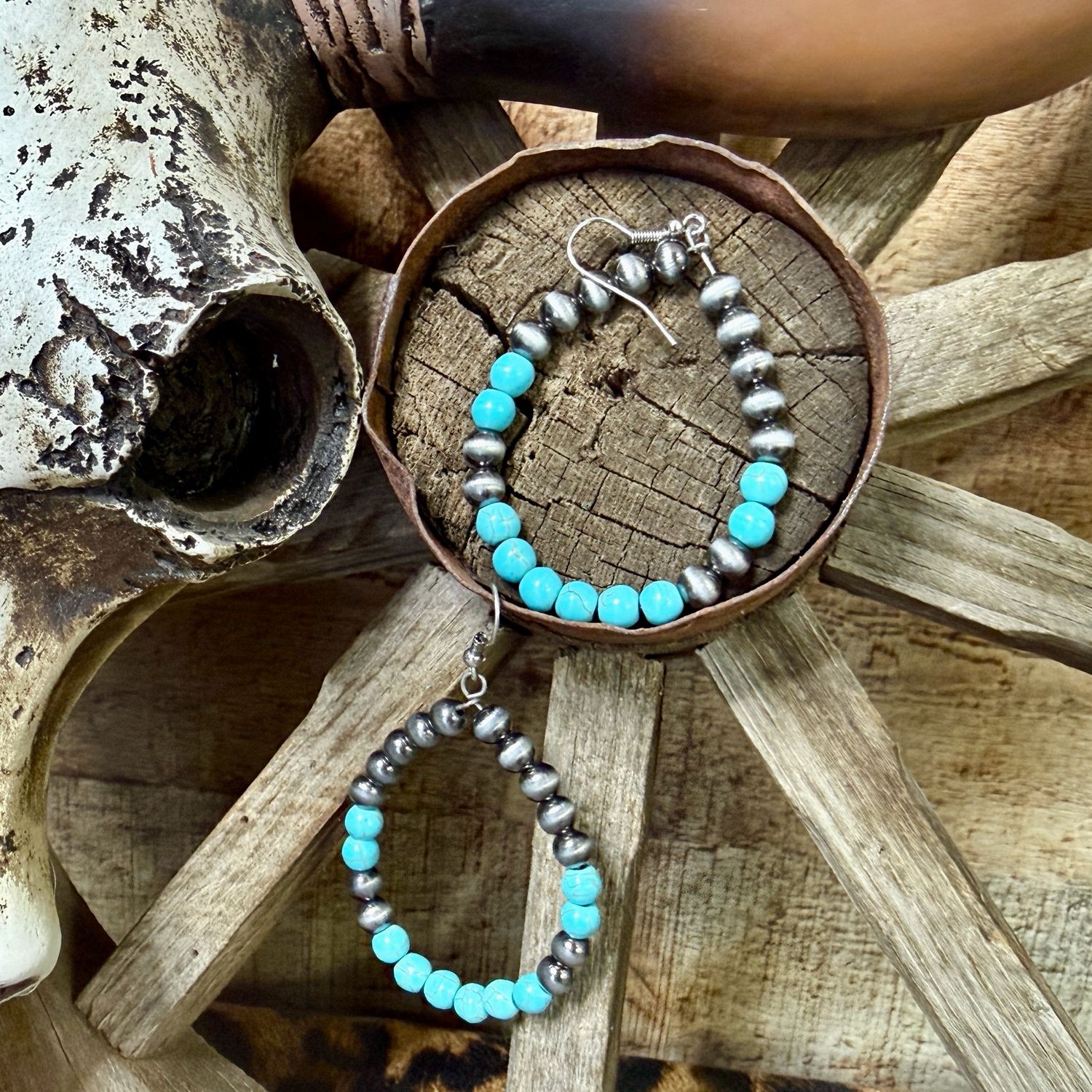 Silver Pearl Turquoise Hoop Earrings