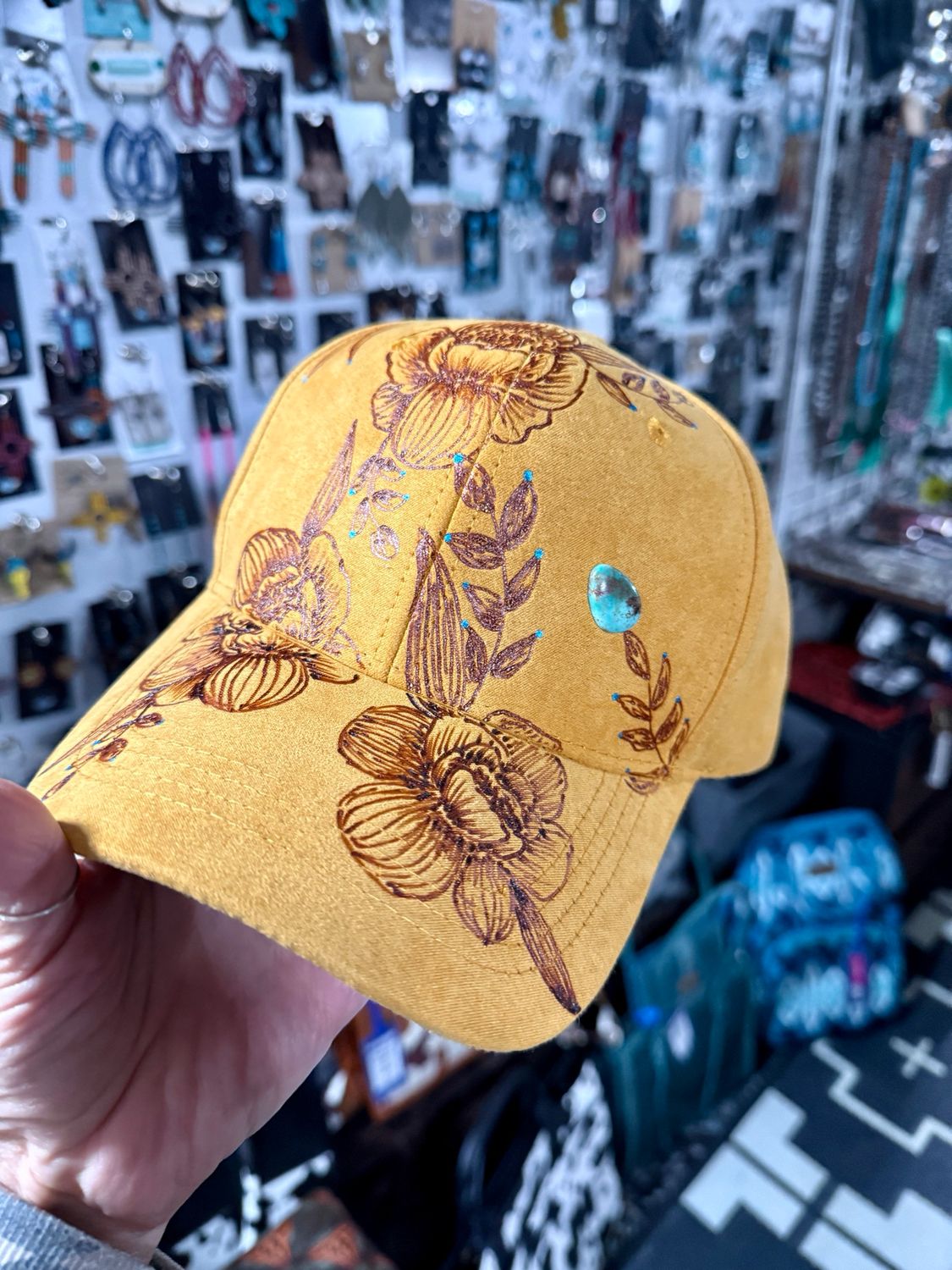 Hand-Burned Floral Mustard Hat With Turquoise Detail