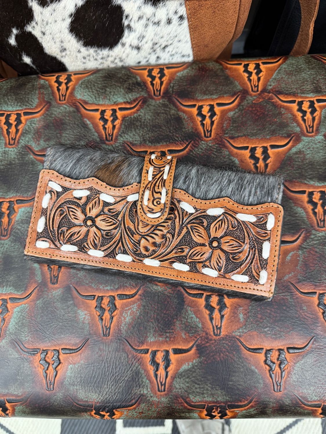 Cowhide Tooled &amp; Stitched Wallet