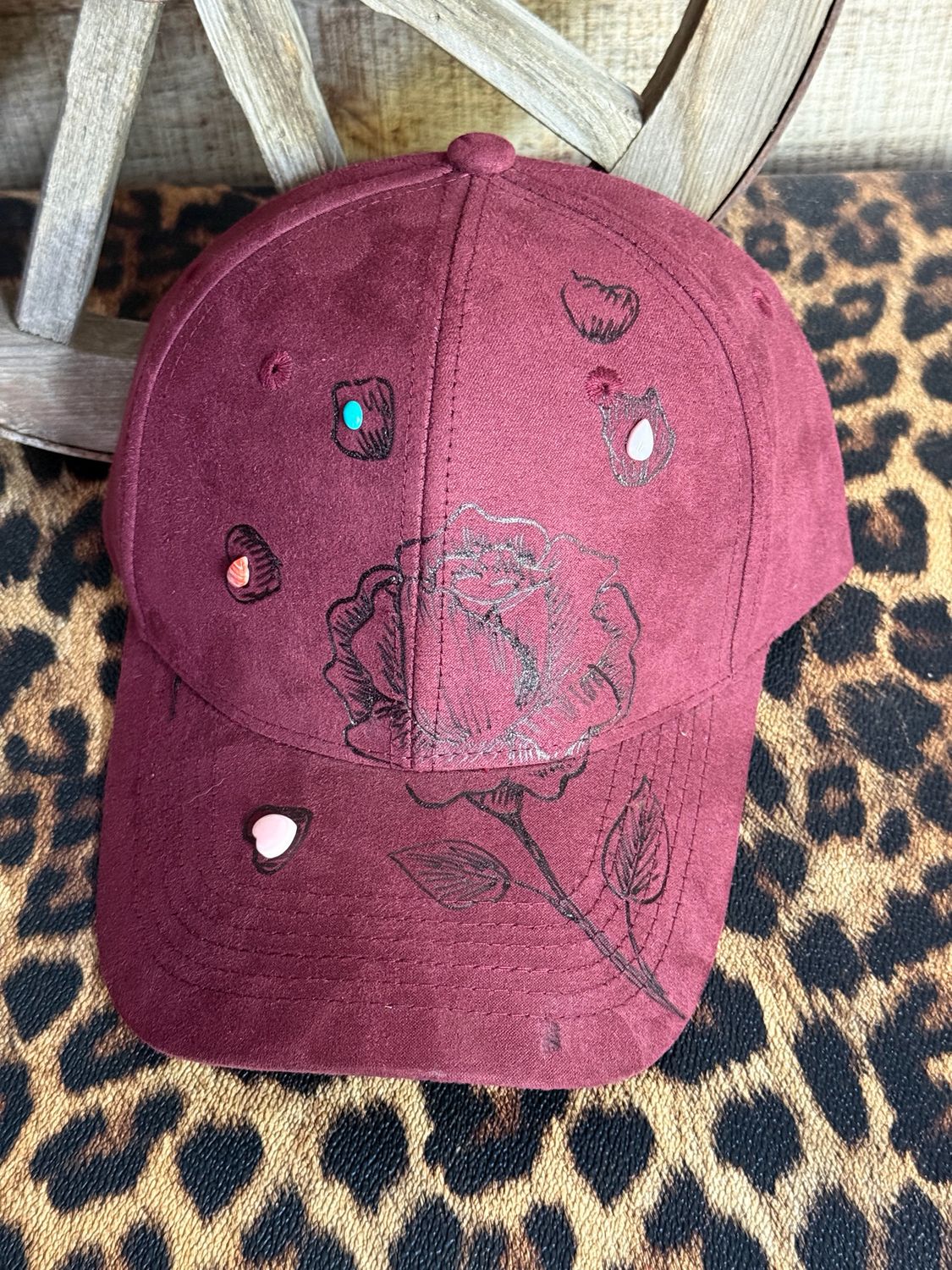 Burgundy Rose Burned Hat with Stones