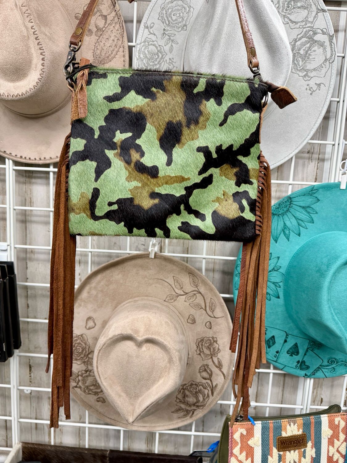 Camo Hide Crossbody Fringe Bag