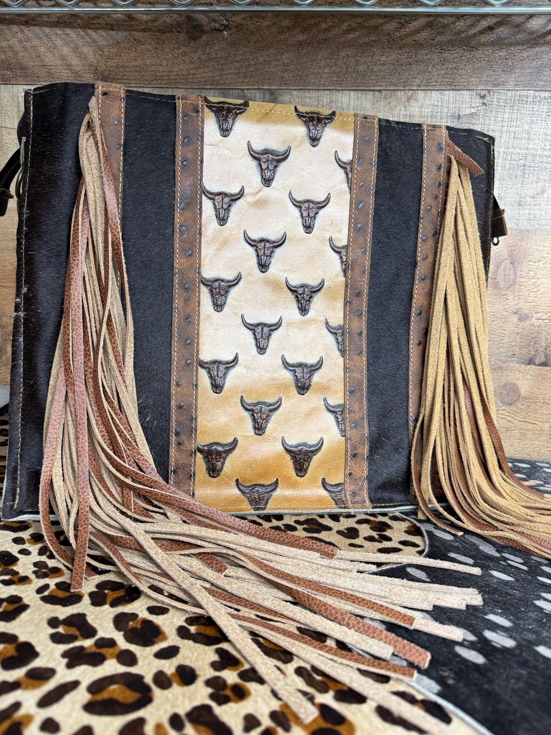 Long Horn Leather Fringe Tote Bag with Cowhide