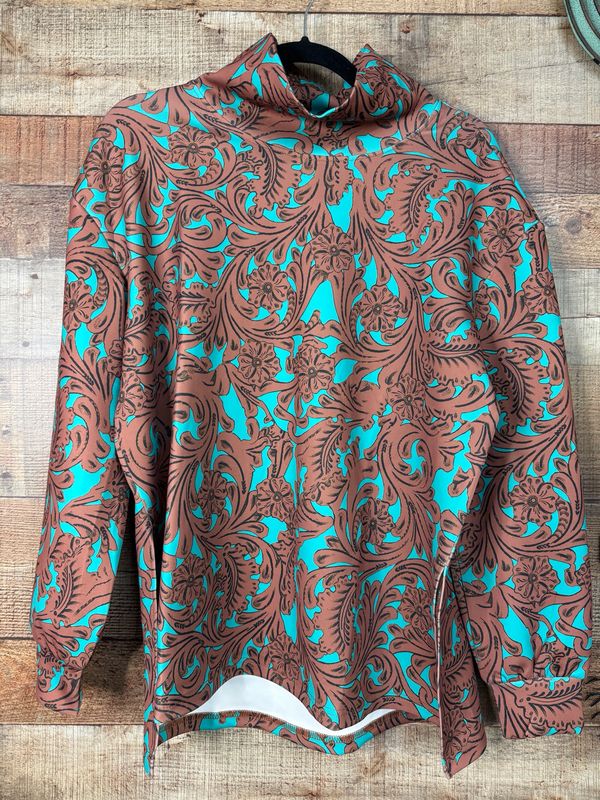 Turquoise Teal &amp; Brown Floral Tooled Hoodie -Small