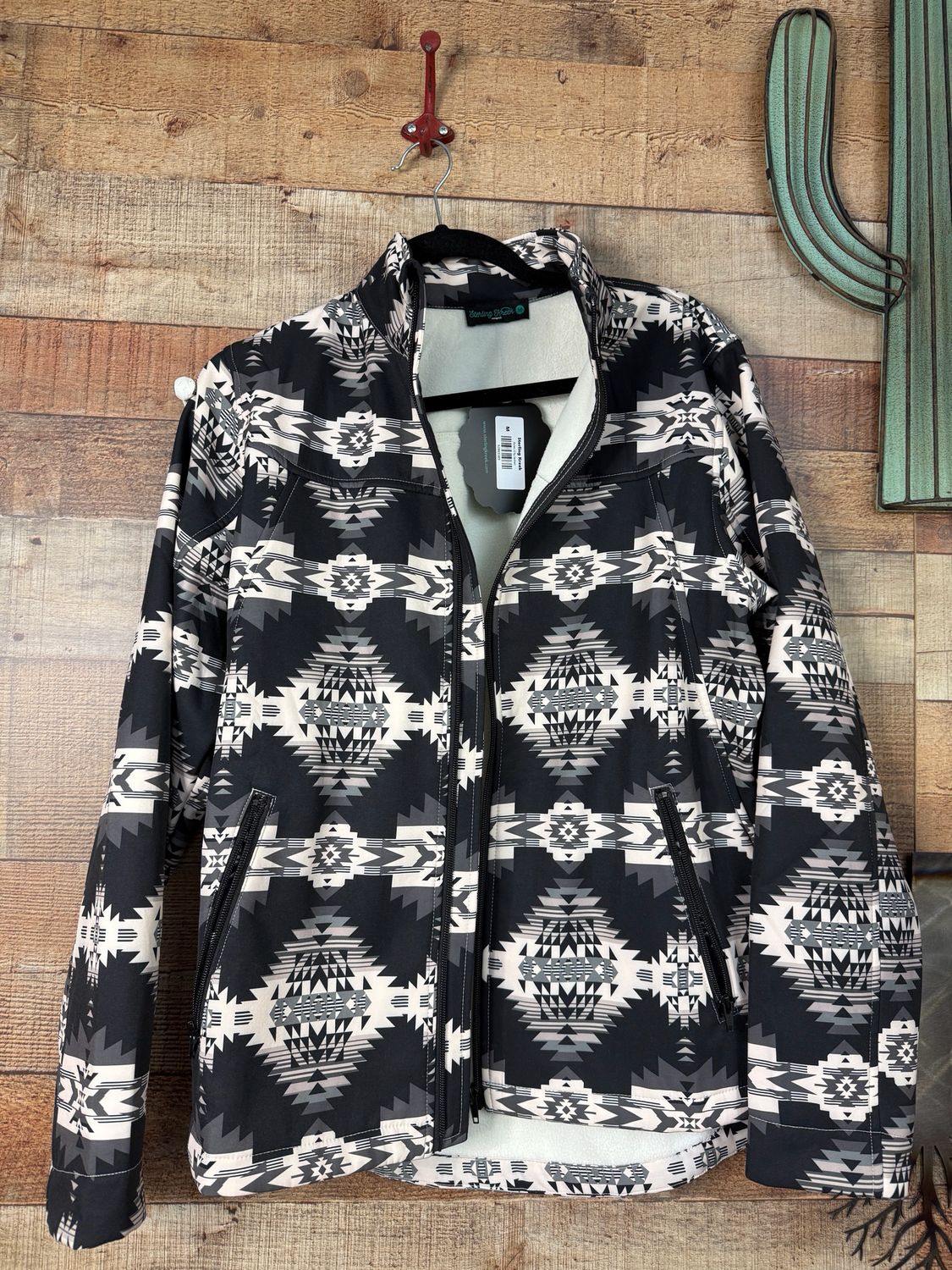 Soft Shell Aztec Zip Jacket in Black &amp; Ivory -Medium