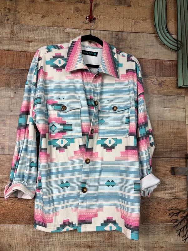 Turquoise &amp; Pink Aztec Button Up Shacket -Medium