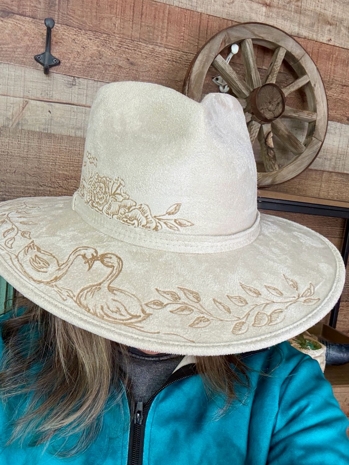 Hand burned western inspired heart shape hat with roses, swan and beautiful floral pattern that is entirely done free hand. 