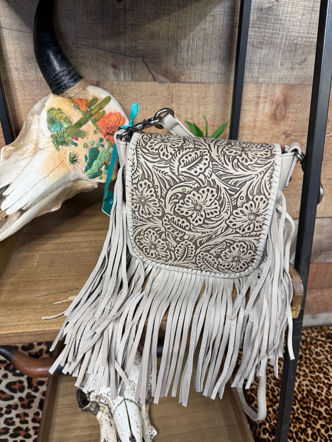 Winter White Tooled Fringe Crossbody 