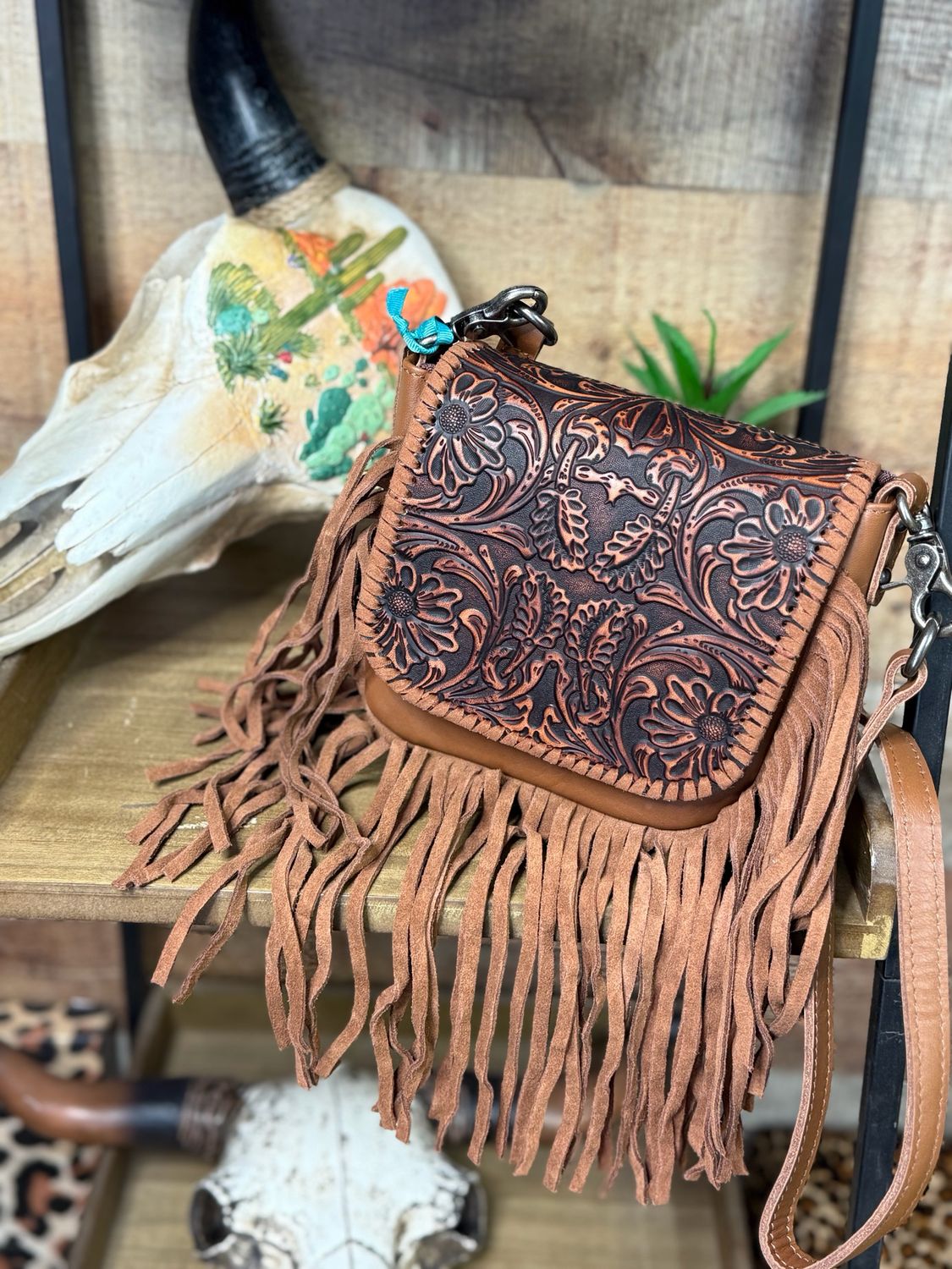Saddle Brown Tooled Fringe Crossbody 