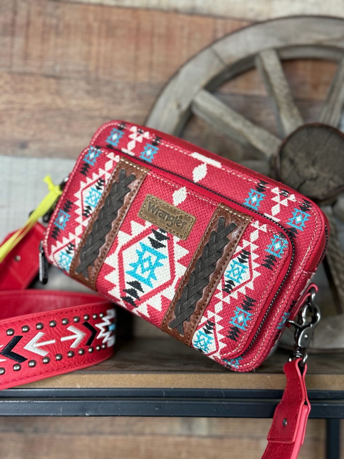 Wrangler Aztec Printed Crossbody Purse With Wallet Compartment.  Perfect for everyday use and travel.