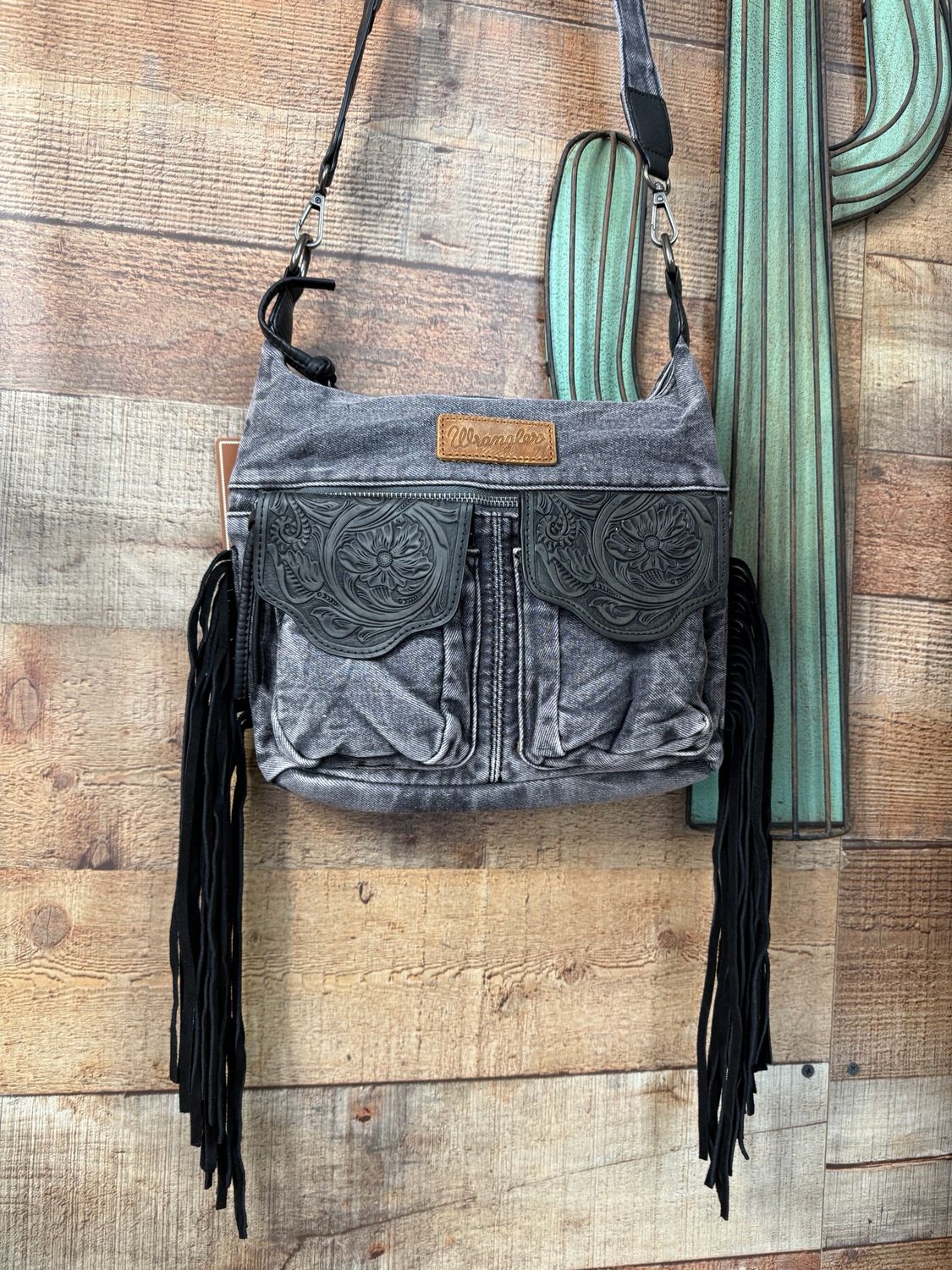 Wrangler Fringe Floral Tooled Denim Crossbody 