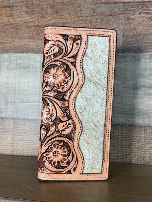 Tooled Leather Long Wallet with Cowhide 