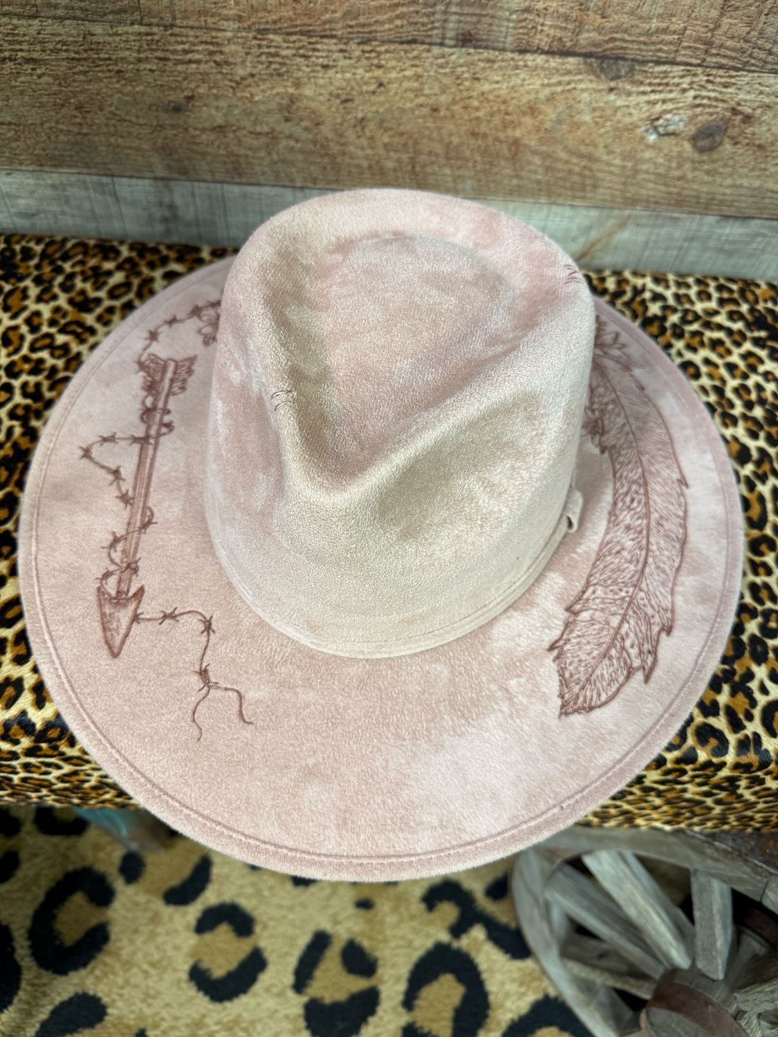 Feather Arrow Barbed Wire Hand Burned Mauve Cowboy Fedora Hat 