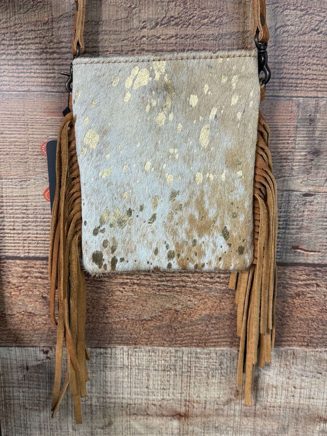 American Darling Brown Cowhide Gold Wash Crossbody with Fringe 