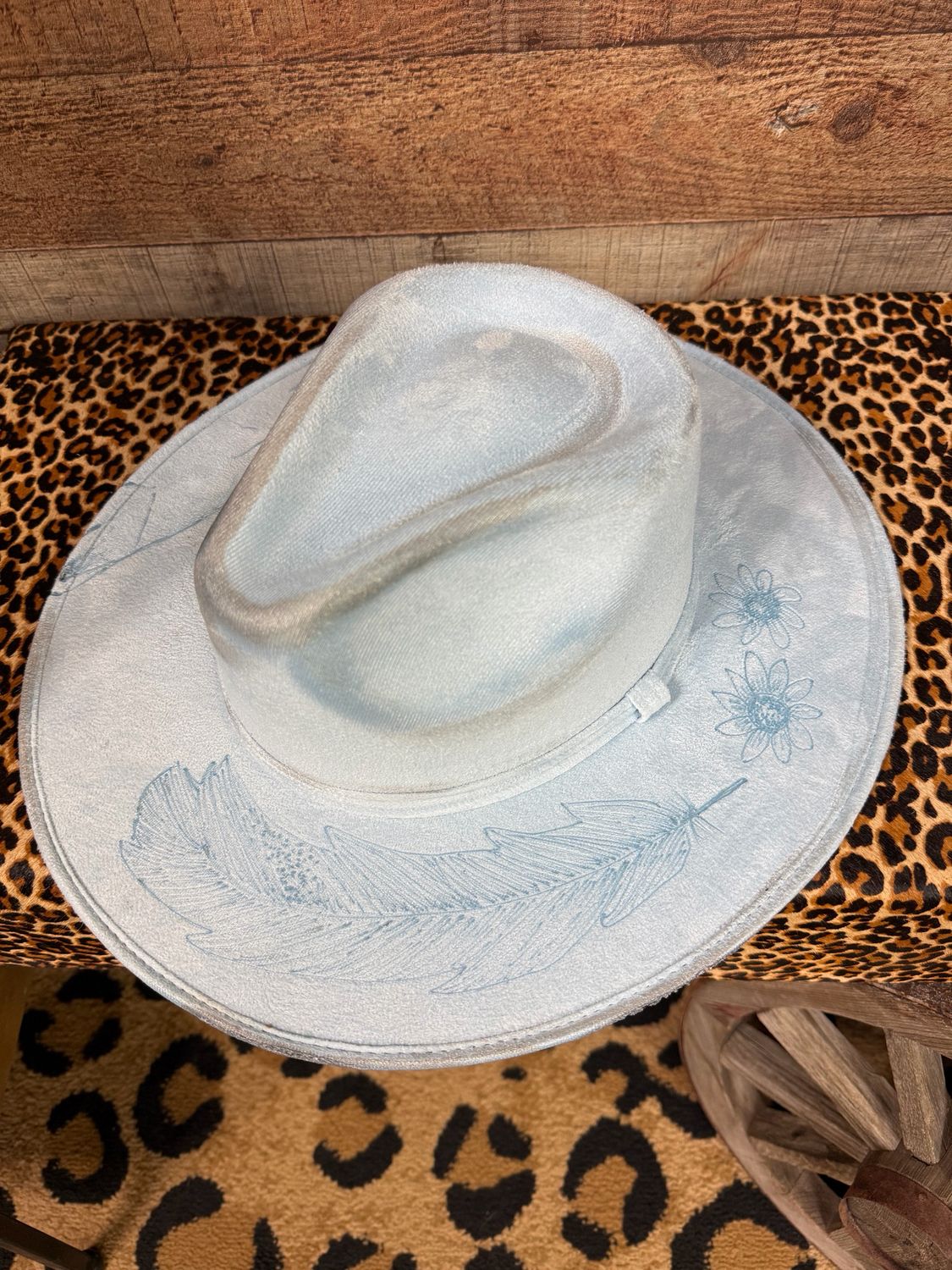 Feather Skull and Flowers Hand Burned Ice Blue Cowboy Hat