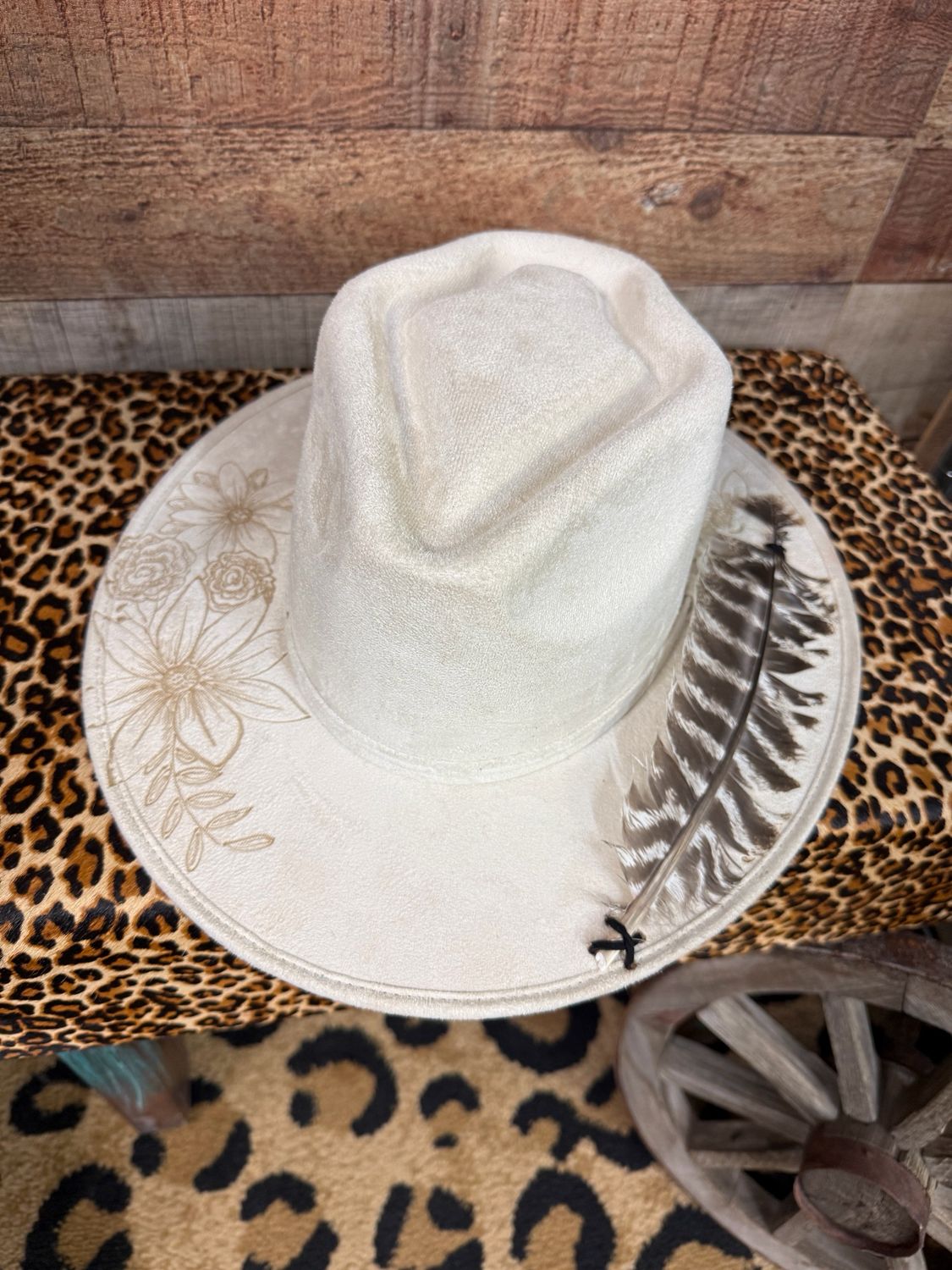 Floral Hand Burned Cowboy Arrowhead Crown Hat with Feather