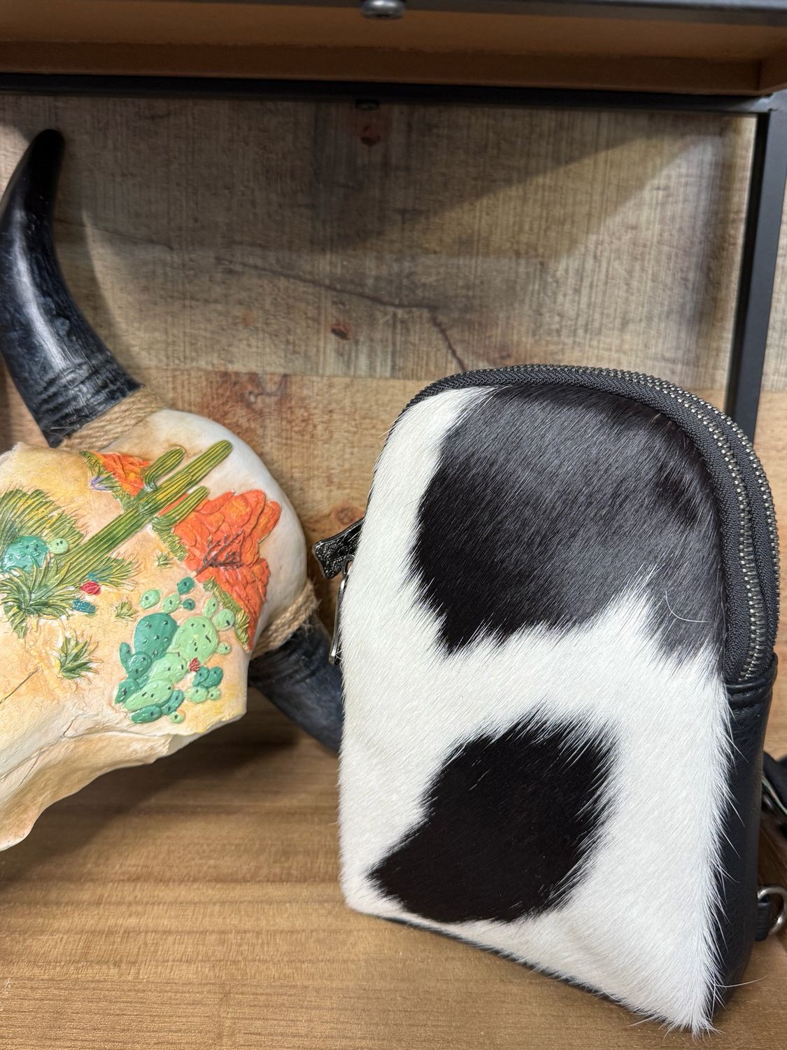 Trinity Ranch Black White Cowhide Sling Bag 