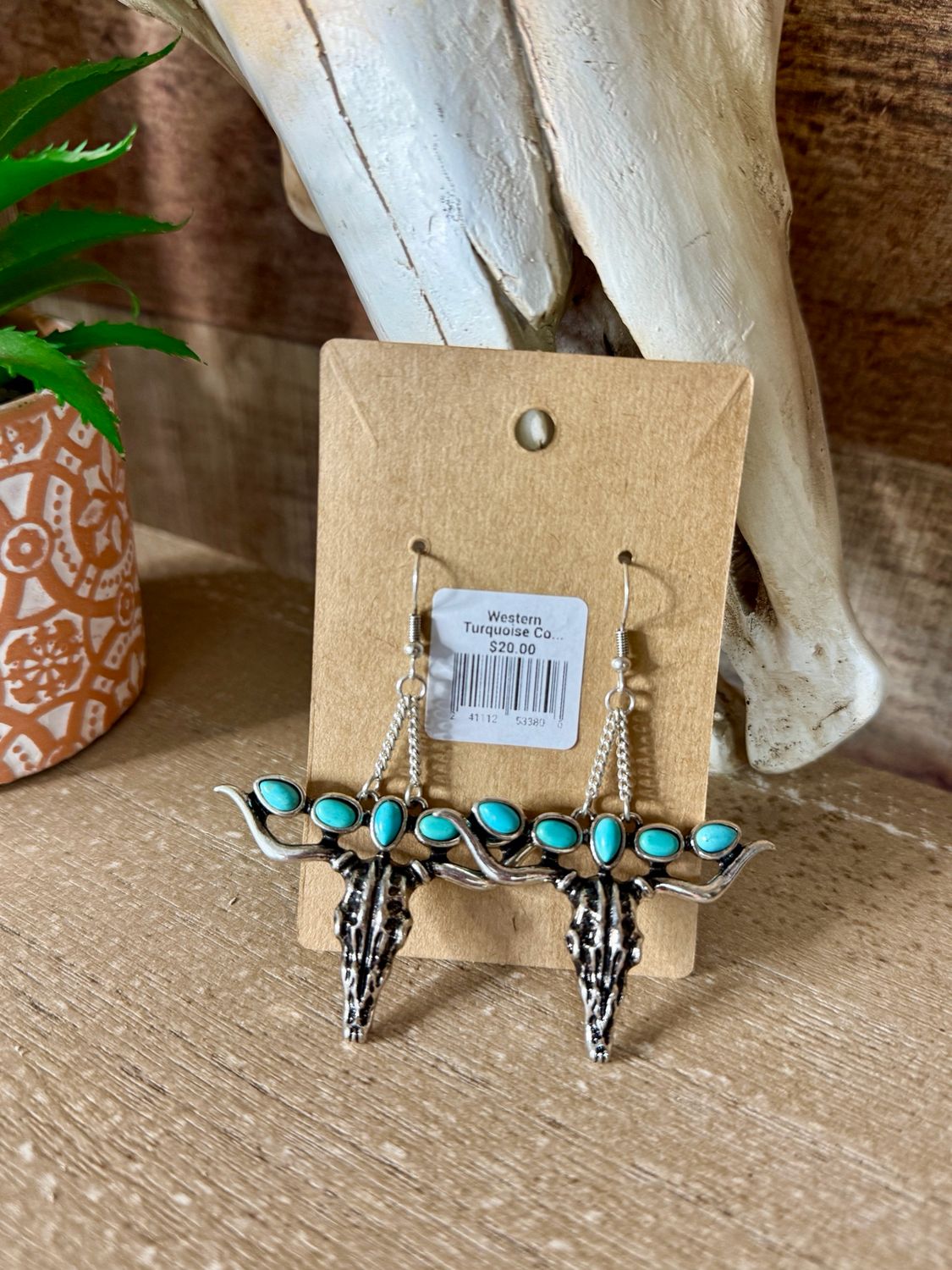 Western Turquoise Cow Skull Earrings 