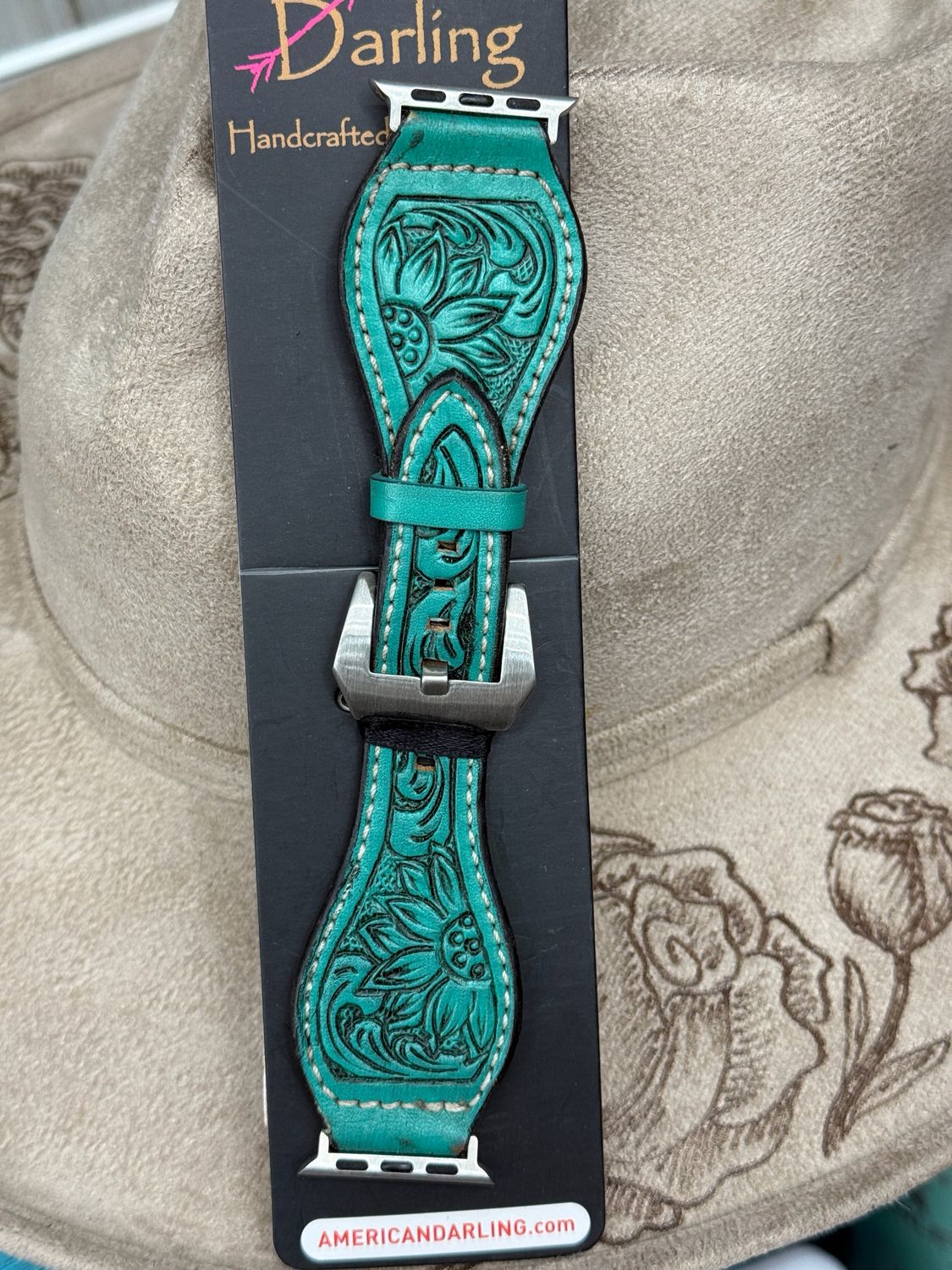 Teal Tooled Floral Leather Apple Watch Band