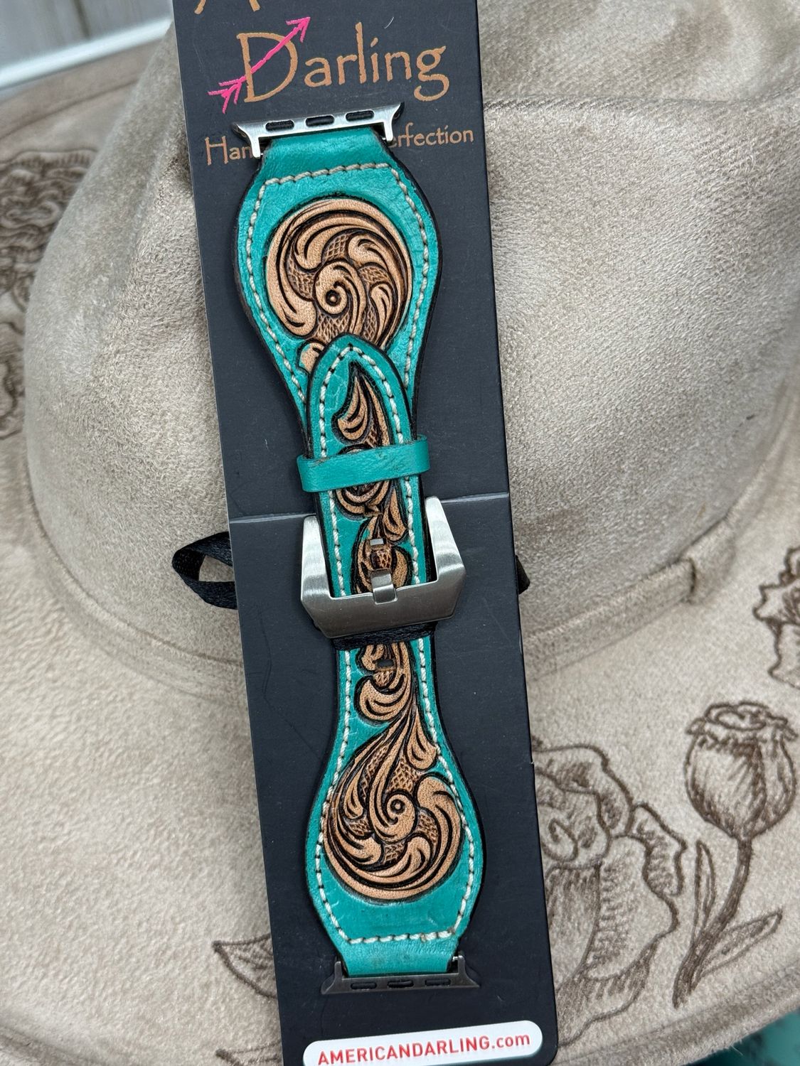38/41 Tooled Teal Scroll Leather Apple Watch Band