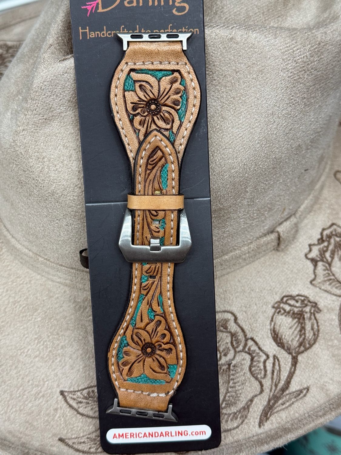 38/41 Tooled Tan Teal Floral Leather Apple Watch Band