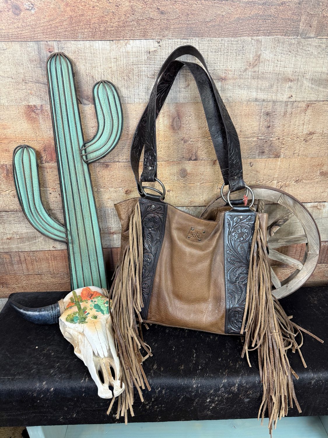 Fringe &amp; Tooled Leather Western Tote Bag by sTs