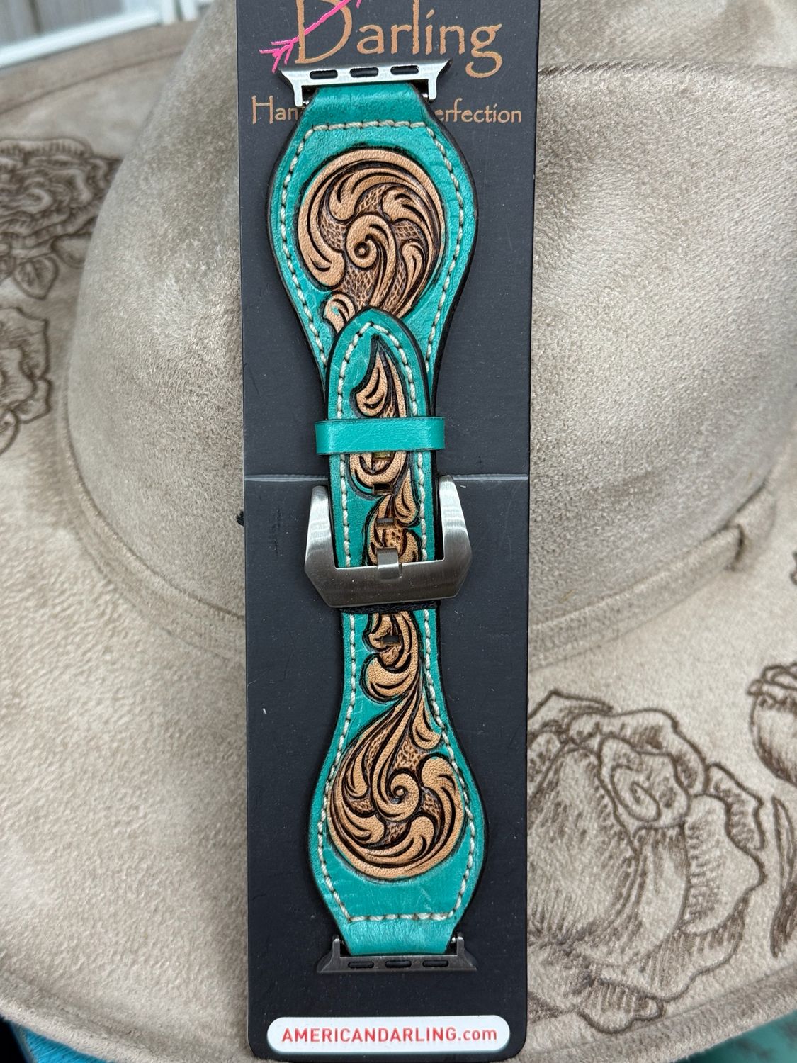 38/41 Tooled Teal &amp; Tan Western Leather Apple Watch Band 