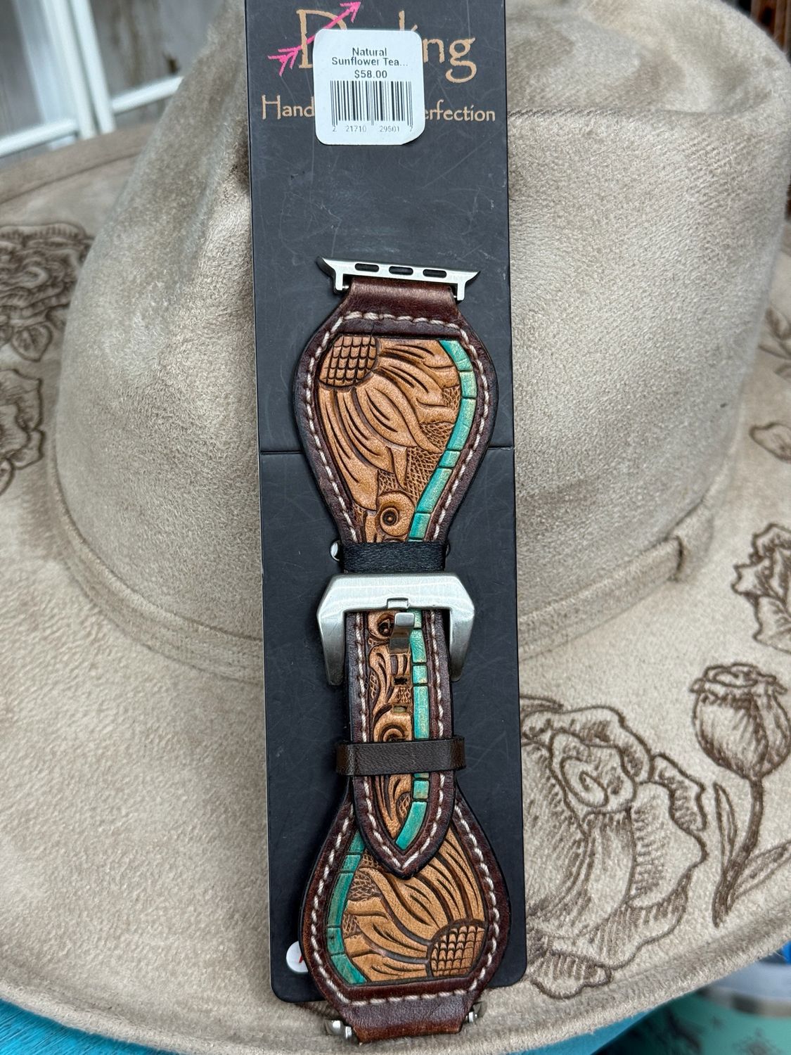 42-45 Sunflower Tooled Teal Apple Watch Band 