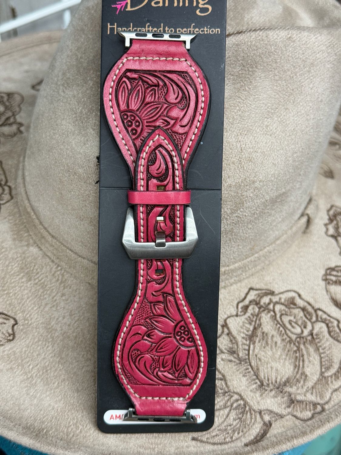 42/45 Tooled Floral Pink Leather Apple Watch Band