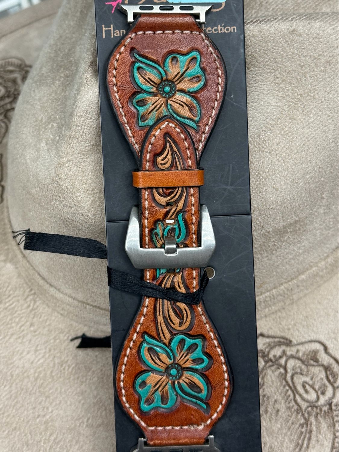 42-45 Brown Teal Floral Tooled Leather Apple Watch Band