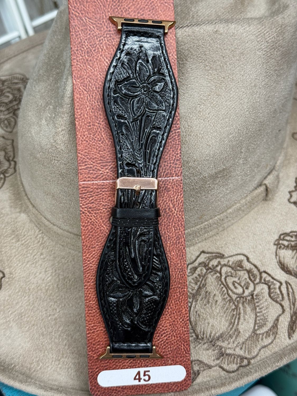 45 Black Tooled Leather Apple Watch Band 