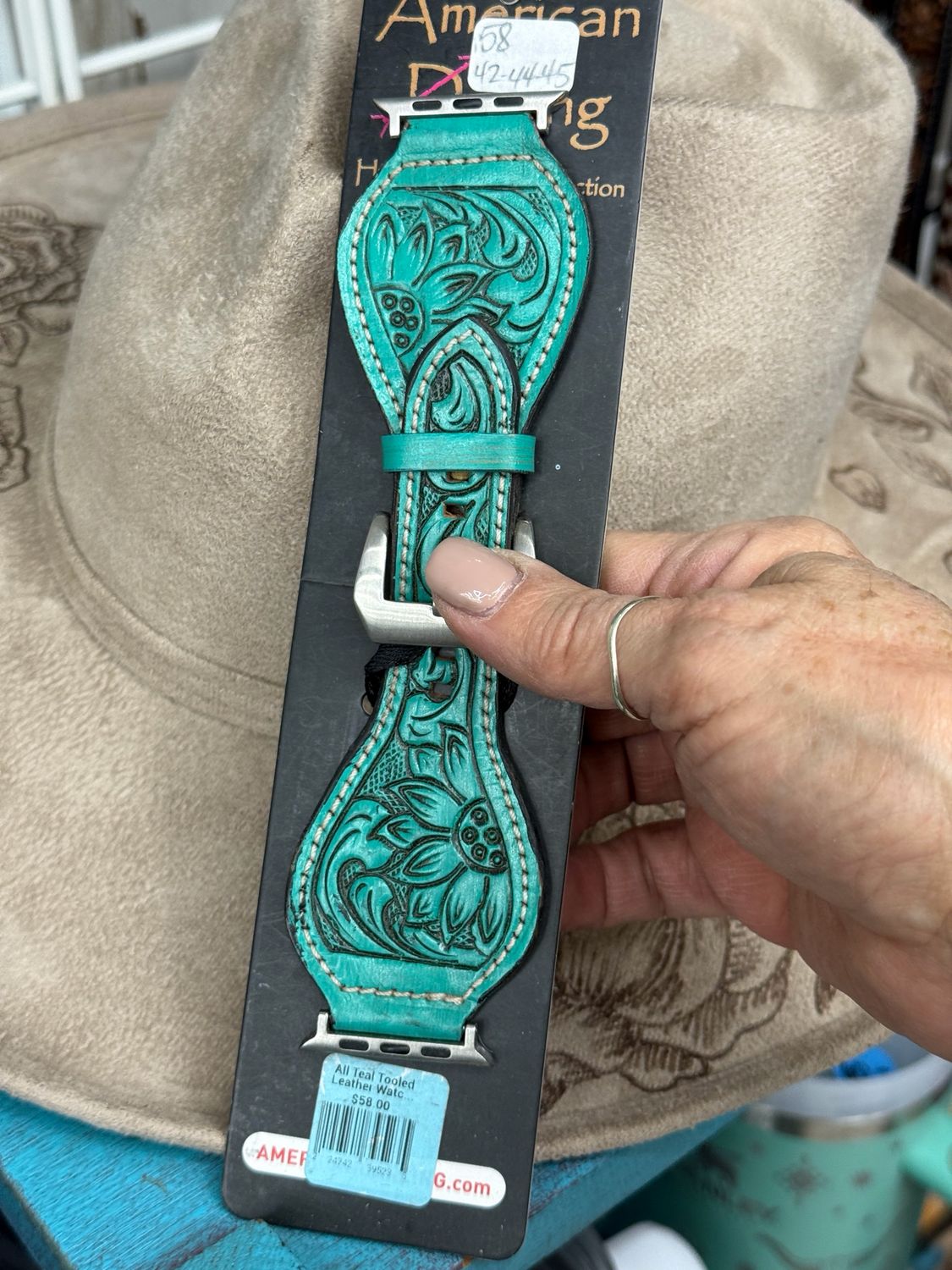 42-45 Sunflower Teal Tooled Leather Apple Watch Band