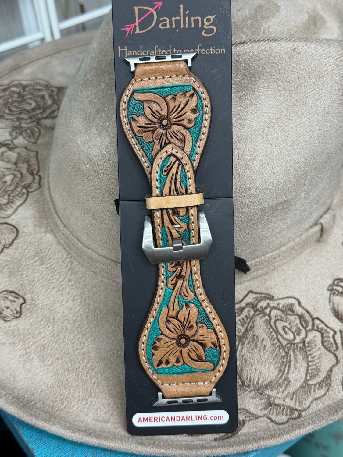 42-45 Teal Floral Tooled Leather Apple Watch Band 