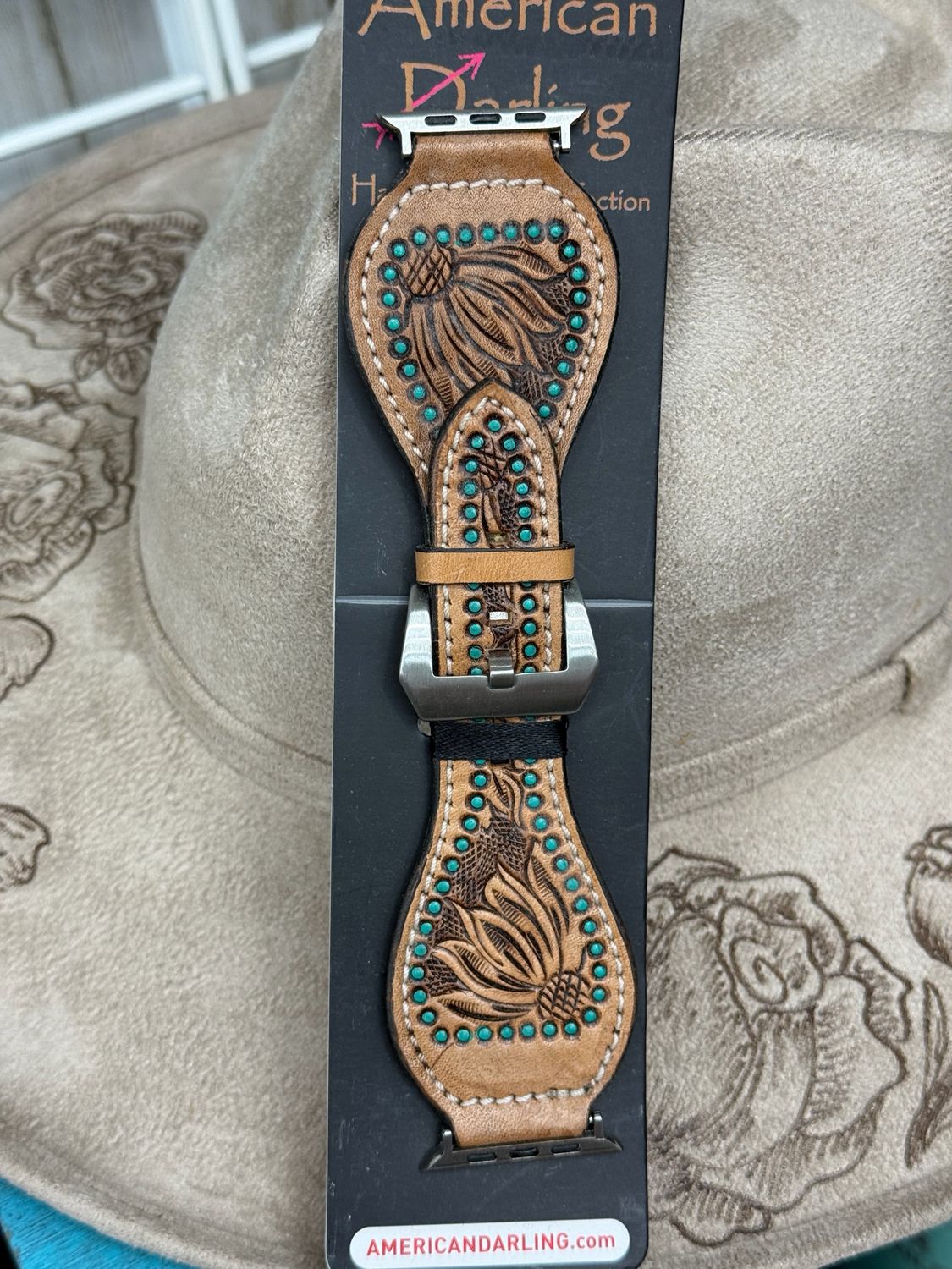 42-45 Sun Flower Tooled Teal Dots Leather Apple Watch Band