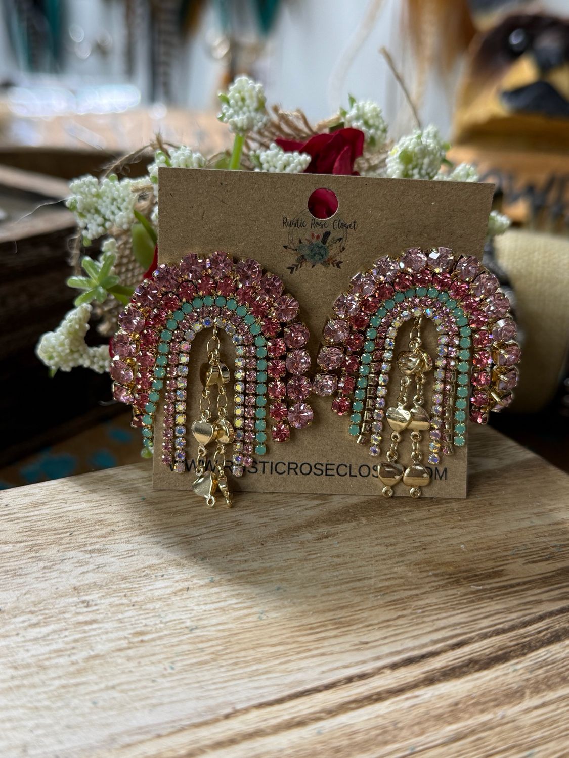 Pink &amp; Teal Rhinestone Rainbow Drop Earrings 