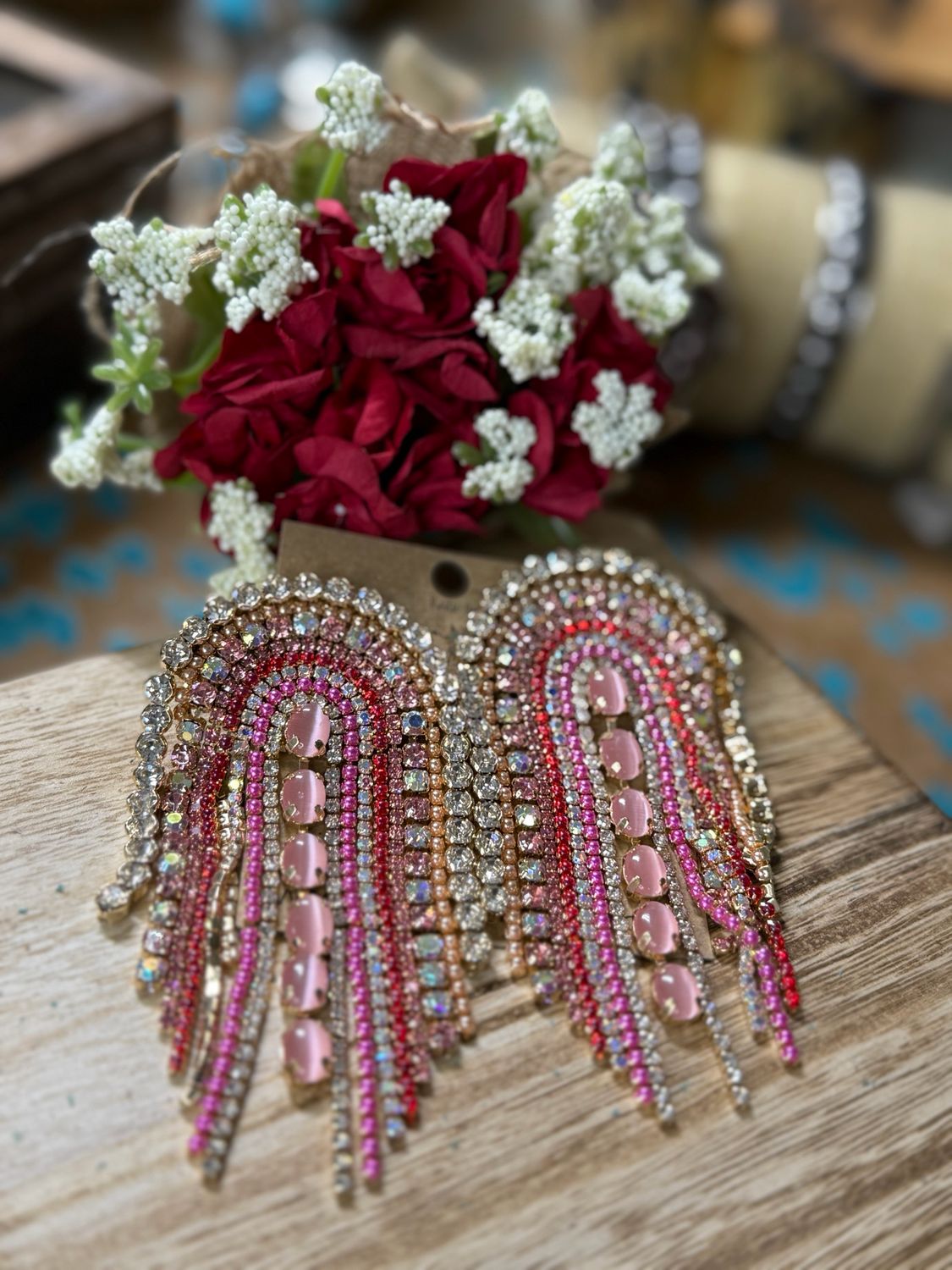 Pink &amp; Gold Rhinestone Rainbow Earrings